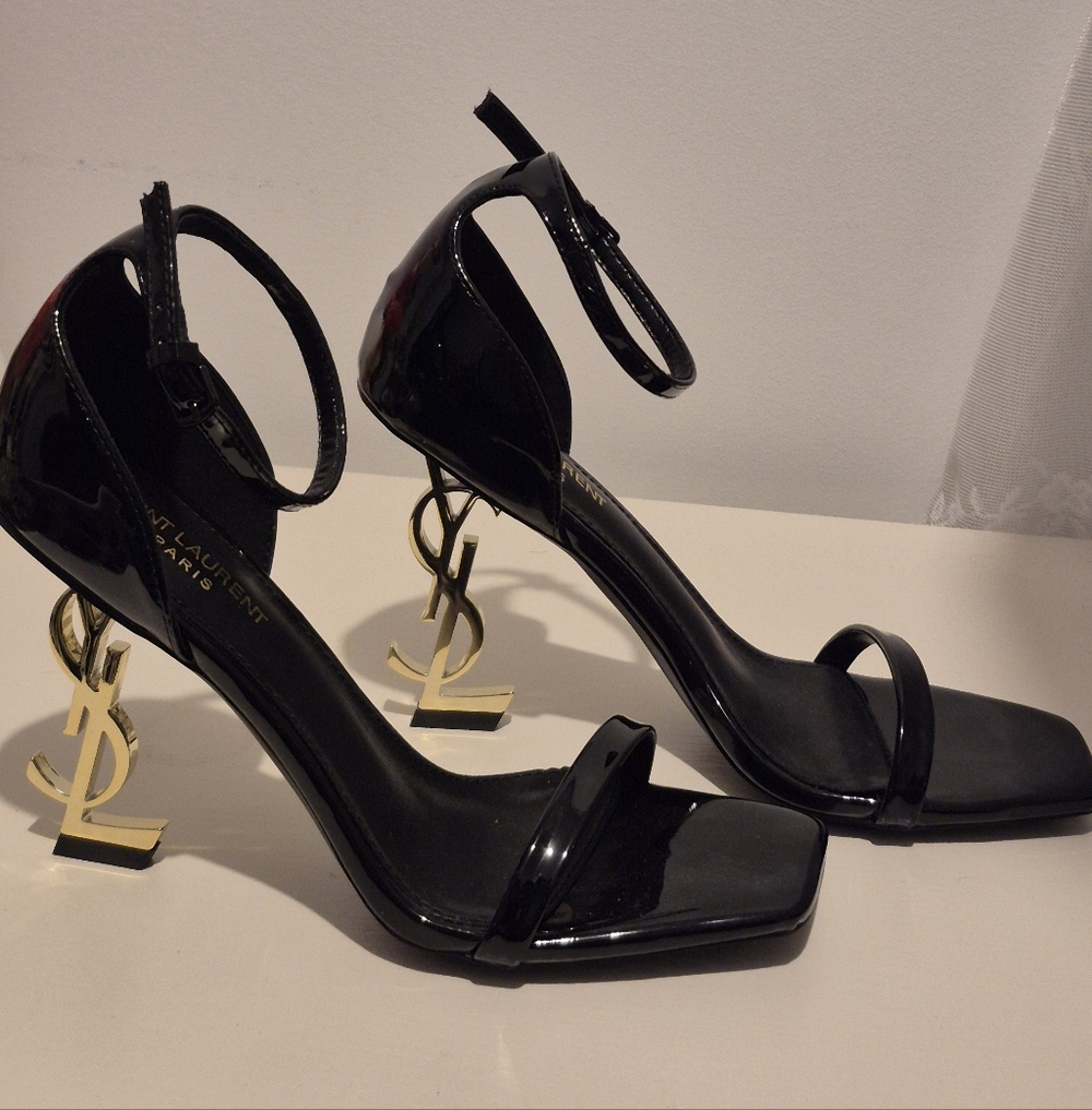 Saint Laurent Black Patent YSL Logo Heel Sandals with Gold Heels